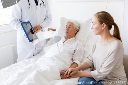 Image of senior woman and doctor with tablet pc at hospital