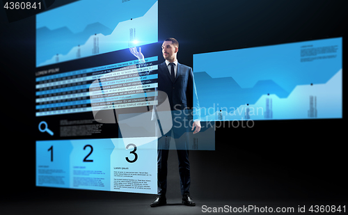 Image of businessman with stock charts on virtual screens