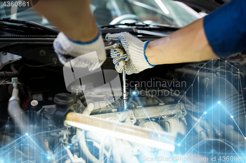 Image of mechanic man with wrench repairing car at workshop