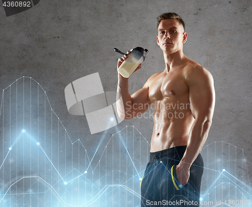 Image of young man or bodybuilder with protein shake bottle