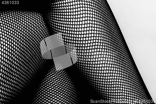 Image of Black and white female legs in fishnet stockings