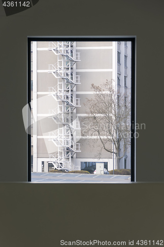 Image of a stairway at a building outside the window