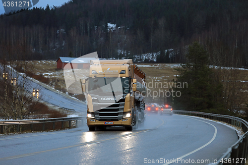 Image of Scania Semi Tanker Trucking in Rain