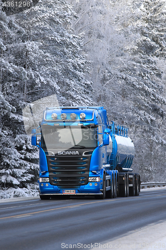 Image of Blue Scania Tank Truck On Winter Highway