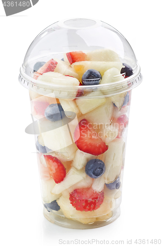 Image of fresh fruit pieces salad in plastic cup
