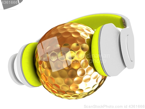 Image of Gold Golf Ball With headphones. 3d illustration