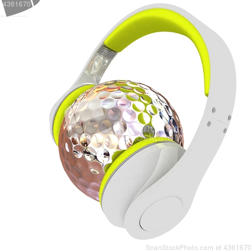 Image of Metal Golf Ball With headphones. 3d illustration