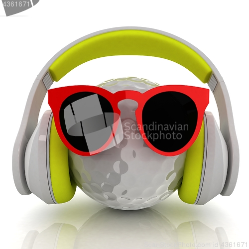 Image of Golf Ball With Sunglasses and headphones. 3d illustration