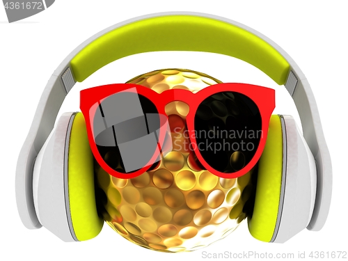 Image of Gold Golf Ball With Sunglasses and headphones. 3d illustration