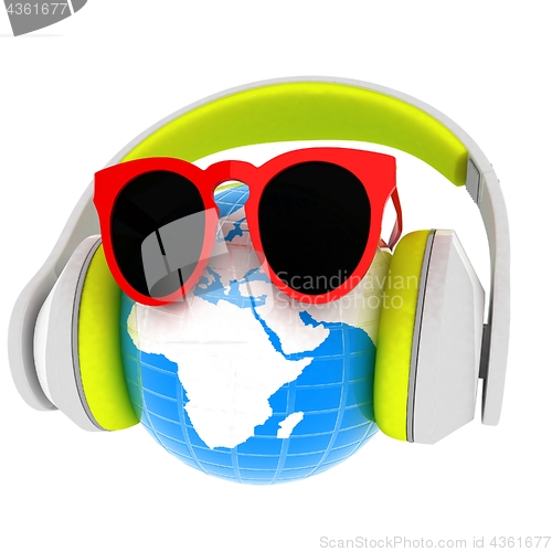 Image of Earth planet with earphones and sunglasses. 3d illustration