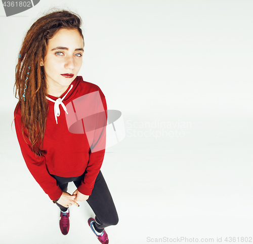 Image of real caucasian woman with dreadlocks hairstyle funny cheerful fa