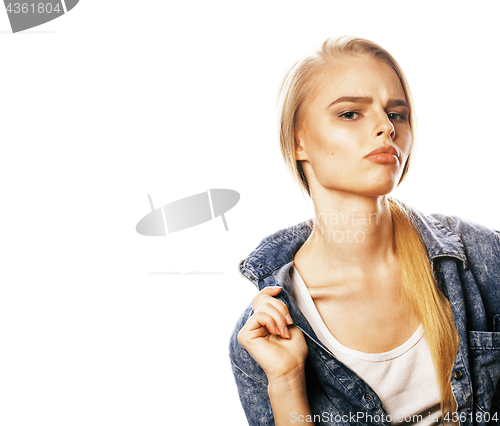 Image of young blond woman on white backgroung gesture thumbs up, isolate