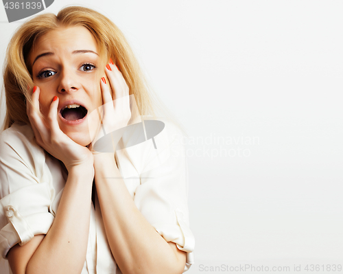 Image of teenage cute blond girl thinking, frustrated, emotional on white