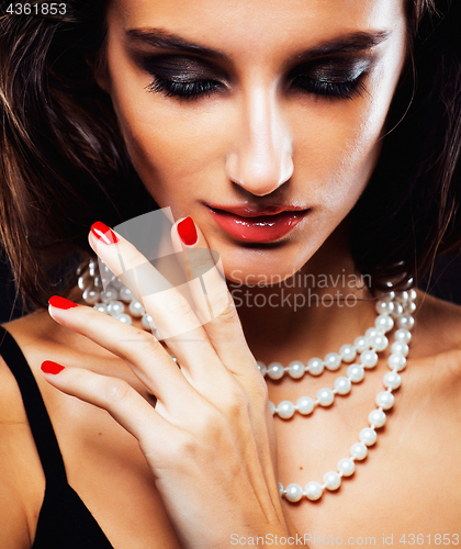 Image of beauty young  woman with jewellery close up, luxury portrait of rich real girl, party makeup