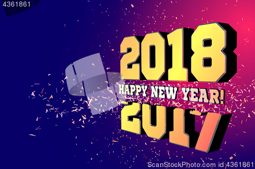 Image of Congratulations on the New Year 2018, which goes after 2017. Vector New Year\'s numbers with particles flying away from the explosion.