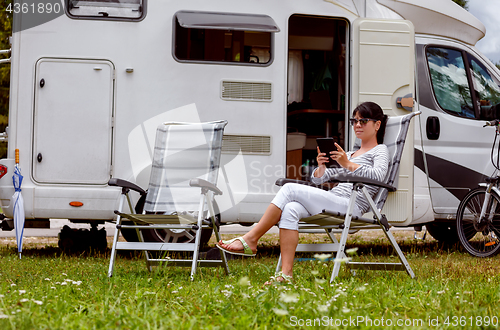 Image of Family vacation travel, holiday trip in motorhome RV