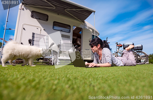 Image of Woman on the grass with a dog looking at a laptop