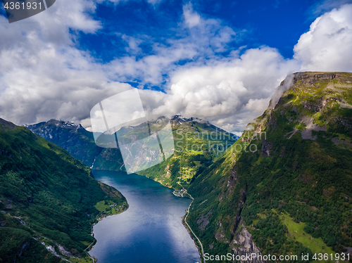 Image of Geiranger fjord, Norway aerial photography.