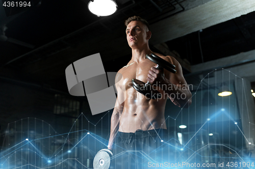 Image of close up of man with dumbbells exercising in gym