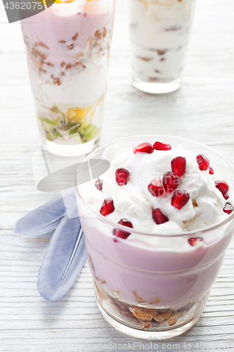 Image of Homemade yogurt meal with fruits, selective focus. Light healthy food concept.