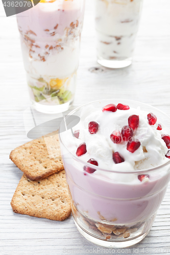 Image of Homemade yogurt meal with fruits, selective focus