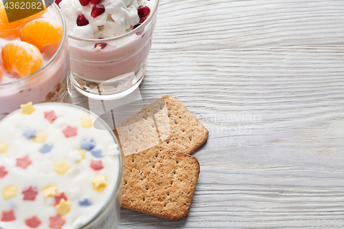 Image of Homemade yogurt meal with fruits, selective focus