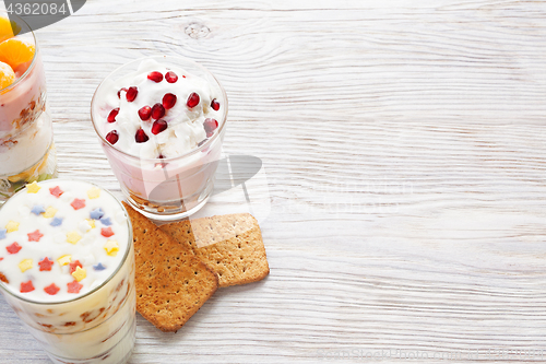 Image of Homemade yogurt meal with fruits, selective focus