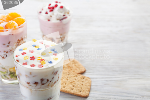 Image of Homemade yogurt meal with fruits, selective focus
