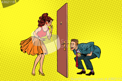 Image of man and woman looking through a door, peephole and keyhole