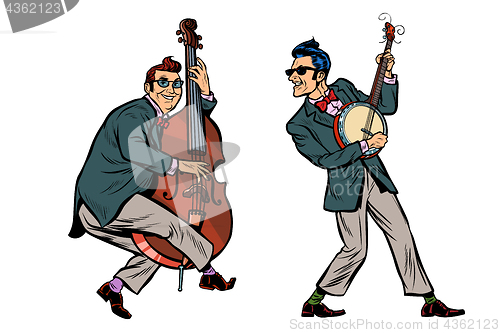 Image of rockabilly jazz musicians, double bass and banjo