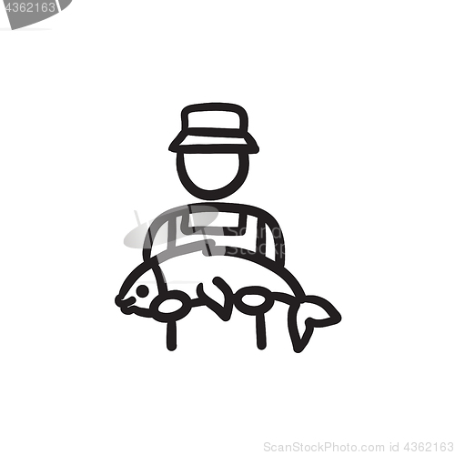 Image of Fisherman with big fish sketch icon.