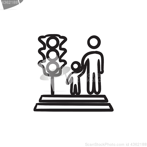 Image of Parent and child crossing the street sketch icon.