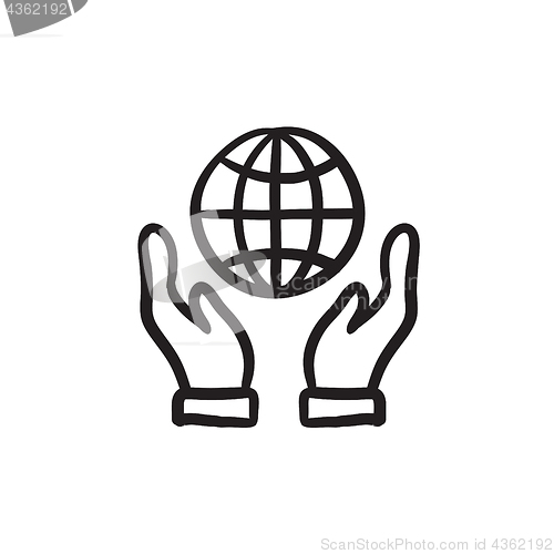 Image of Two hands holding globe sketch icon.