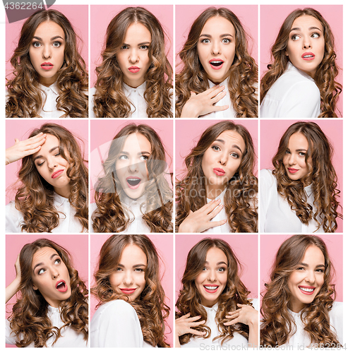 Image of Portrait of young woman with happy and unhappy facial expressions