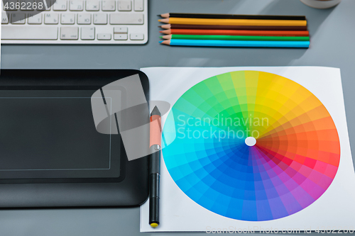 Image of The gray desk with laptop, notepad with blank sheet, pot of flower, stylus and tablet for retouching