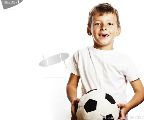 Image of little cute boy playing football ball isolated on white close up