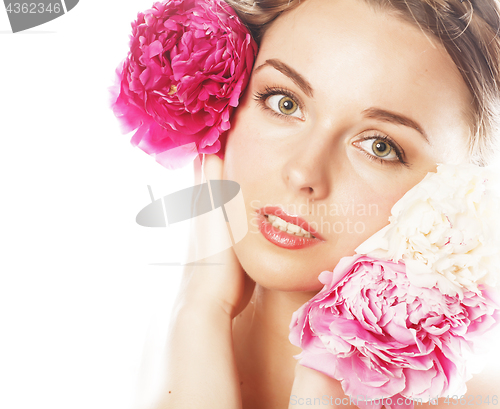 Image of young beauty woman with flower peony pink closeup makeup soft te