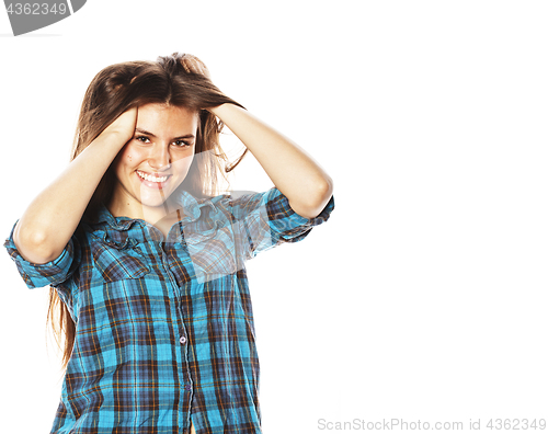 Image of young pretty woman posing on white background isolated emotional