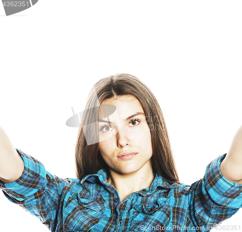 Image of cute teenage girls making selfie isolated