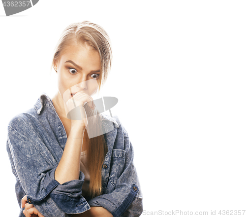 Image of young blond woman on white backgroung gesture thumbs up, isolate