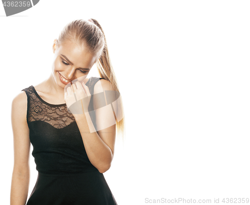 Image of beautiful woman dressed elegant posing in the studio on white ba