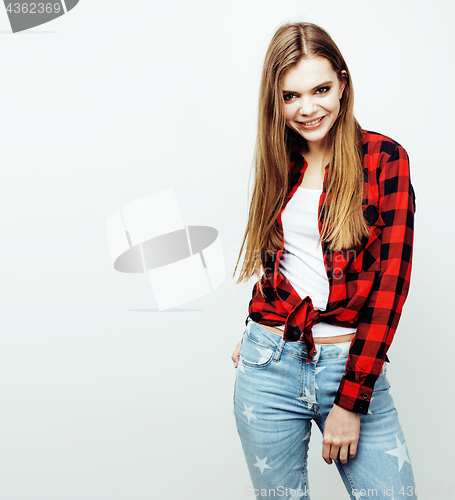 Image of young pretty stylish hipster girl posing emotional isolated on w