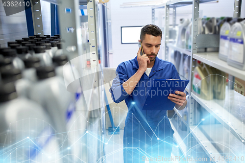 Image of auto mechanic calling on smartphone at car shop