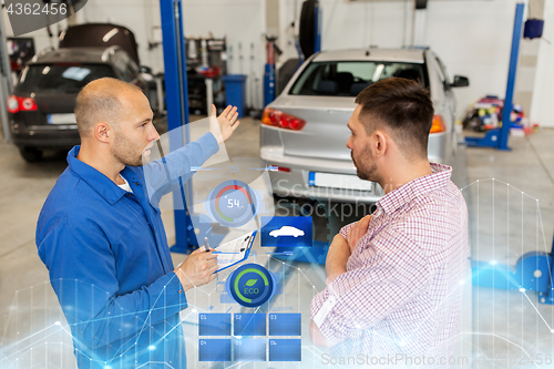 Image of auto mechanic with clipboard and man at car shop