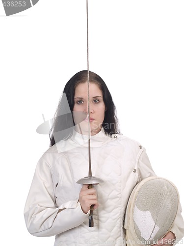 Image of Young Woman in Fencing Jacket with Foil and Mask