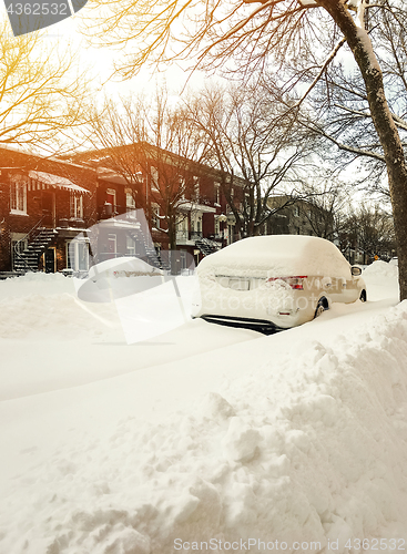 Image of Urban winter street in sunset