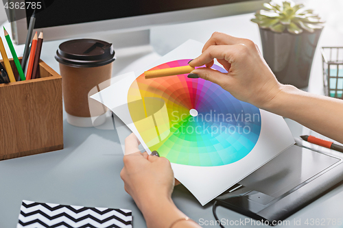 Image of The gray desk with laptop, notepad with blank sheet, pot of flower, stylus and tablet for retouching