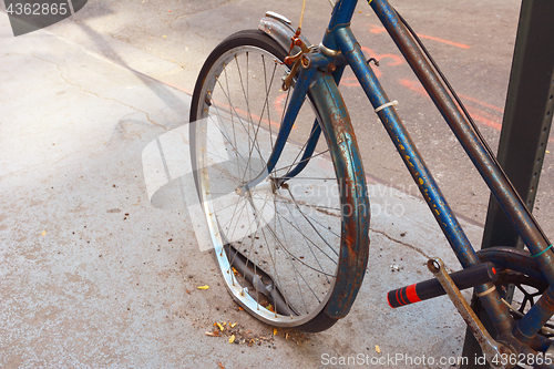 Image of Loose tyre on abandoned, rusty bicycle