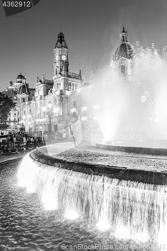 Image of Fountain on Modernism Plaza of the City Hall of Valencia, Town hall Square, Spain.