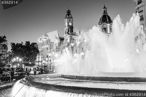 Image of Fountain on Modernism Plaza of the City Hall of Valencia, Town hall Square, Spain.